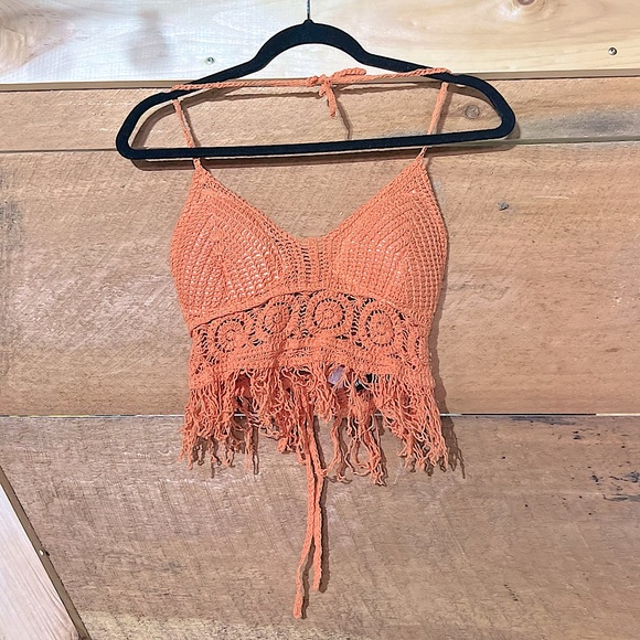 SHEIN CROTCHET TANK TOP CROPPED DISTRESSED ORANGE - Picture 1 of 8